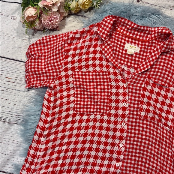 Maeve Anthropologie red and white gingham short-sleeve button-up top - Picture 5 of 7